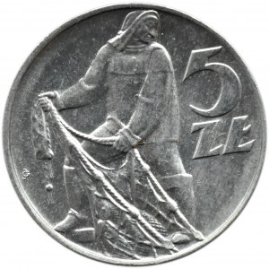 Polska, PRL, Rybak, 5 złotych 1974, PŁASKA DATA, Warszawa, UNC