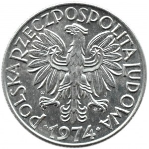 Polska, PRL, Rybak, 5 złotych 1974, PŁASKA DATA, Warszawa, UNC