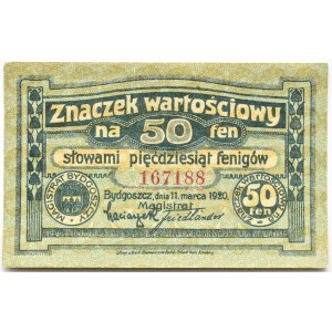 Bromberg, Bydgoszcz, znaczek wartościowy 50 fenigów 1920, ciemno-granatowy, UNC