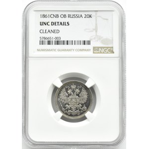 Rosja, Aleksander II, 20 kopiejek 1861 FB, Petersburg, NGC UNC