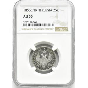 Rosja, Mikołaj I, 25 kopiejek 1855 SPB HI, Petersburg, NGC AU55