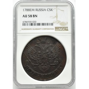 Rosja, Katarzyna II, 5 kopiejek 1788 E.M., Jekaterinburg, NGC AU58BN - RZADKIE