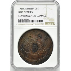 Rosja, Katarzyna II, 5 kopiejek 1789 E.M., Jekaterinburg, NGC UNC DETAILS