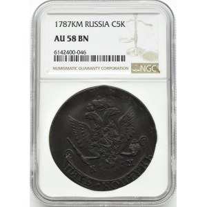 Rosja, Katarzyna II, 5 kopiejek 1787 K.M., Suzun, NGC AU58BN