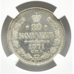 Rosja, Aleksander II, 20 kopiejek 1871 SPB HI, Petersburg, NGC UNC