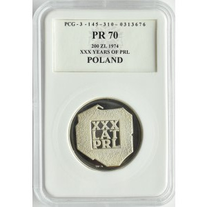 Polska, PRL, XXX-lat PRL-u, 200 złotych 1974, wersja lustrzana, PCG PR70