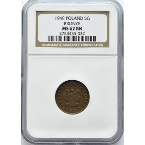 Polska, RP, 5 groszy 1949, Bazylea, NGC MS62BN