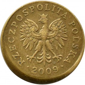 Polska, III RP, destrukt, 5 groszy 2009, przesunięcie stempla