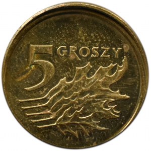 Polska, III RP, destrukt, 5 groszy 2011, przesunięty stempel, zawinięty kołnierz