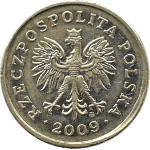 Polska, III RP, destrukt, 20 groszy 2009, Warszawa, przesunięcie stempla