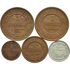 Rosja, Mikołaj II, lot pięciu monet kopiejkowych 1909-1916, Petersburg
