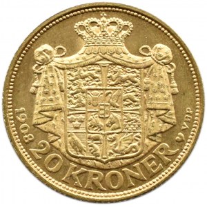 Dania, Fryderyk VIII, 20 koron 1908 VBP, Kopenhaga