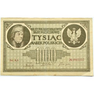 Polska, II RP, 1000 marek 1919, seria AA, Warszawa, siedmiocyfrowa numeracja