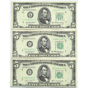 USA, lot 5 dolarów 1950 A, B, C - komplet z różnych stanów