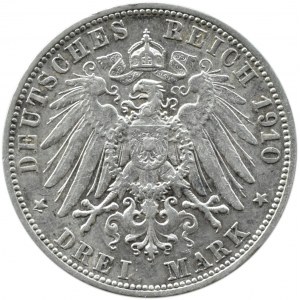 Niemcy, Wirtembergia, Wilhelm II, 3 marki 1910 F, Stuttgart