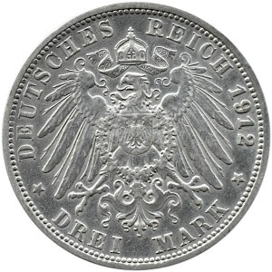 Niemcy, Wirtembergia, Wilhelm II, 3 marki 1912 F, Stuttgart