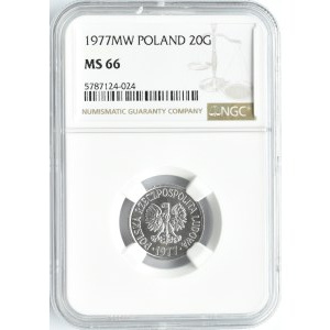 Polska, PRL, 20 groszy 1977, Warszawa, NGC MS66