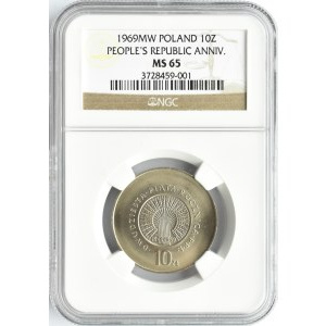Polska, PRL, 25-lecie PRL-u, 10 złotych 1969, Warszawa, NGC MS65