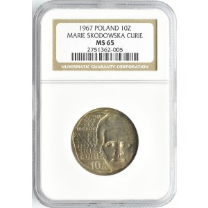 Polska, PRL, M. Curie-Skłodowska, 10 złotych 1967, Warszawa, NGC MS65