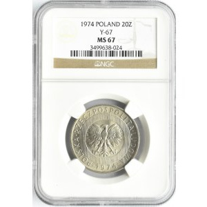 Polska, PRL, wieżowiec, 20 złotych 1974, Warszawa, NGC MS67