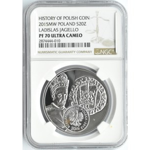 Polska, III RP, Półgrosz Władysława Jagiełły, 20 złotych 2015, Warszawa, NGC PF70 ULTRA CAMEO