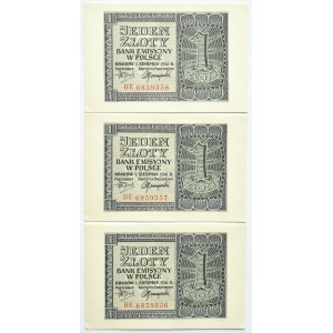 Polska, Generalna Gubernia, 1 złoty 1941, seria BE - trzy kolejne numery