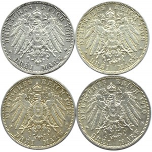 Niemcy, Prusy, Wilhelm II, lot monet 3 marki 1908-1912 A, Berlin