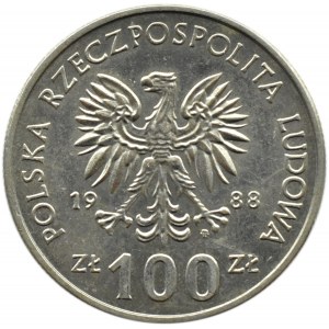 Polska, PRL, Jadwiga, 100 złotych 1988, odmiana bez monogramu projektanta