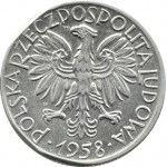 Polska, PRL, Rybak, 5 złotych 1958, Warszawa, wąska ósemka, dwa słoneczka