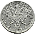 Polska, PRL, Rybak, 5 złotych 1958, Warszawa, wąska ósemka, dwa słoneczka