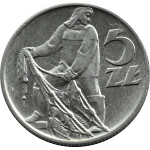 Polska, PRL, Rybak, 5 złotych 1959, Warszawa, wąska ósemka, dwa słoneczka