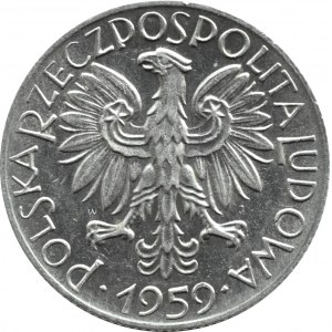 Polska, PRL, Rybak, 5 złotych 1959, Warszawa, wąska ósemka, dwa słoneczka