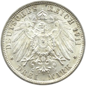 Niemcy, Wirtembergia, Wilhelm i Charlotte, 3 marki 1911 F, Stuttgart, REWELACYJNA