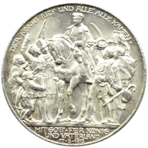 Niemcy, Prusy, Bitwa pod Lipskiem, 3 marki 1913 A, Berlin, UNC