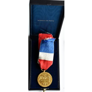 Francja V Republika (1958-?), Ministerstwo Obrony, Medal nagrodowy za 35 lat pracy, złoto 750, oryginalna wstążka z rozetką