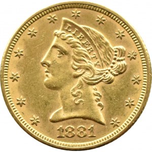 USA, Half Eagle, 5 dolarów 1881, Filadelfia