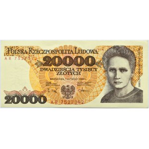 Polska, PRL, M. Skłodowska, 20000 złotych 1989, ostatnia seria AR, Warszawa, UNC