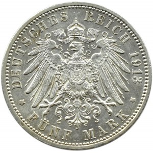 Niemcy, Badenia, Friedrich, 5 marek 1913 G, Karlsruhe, PIĘKNE!