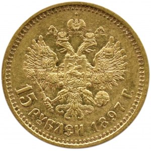 Rosja, Mikołaj II, 15 rubli 1897 AG, Petersburg, 2 litery pod popiersiem