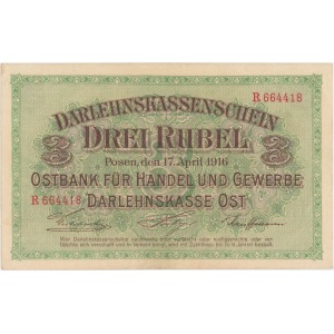 Poznań 3 ruble 1916 - R - klauzula ''...nabywa''