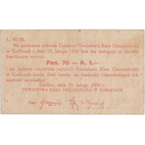 Gorlice, Powiatowa Kasa Oszczędności 70 fen. = 1 kr. 1920