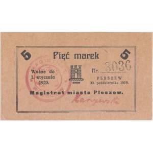 Pleszew, Magistrat 5 mk 1919 - rzadki w stanie UNC