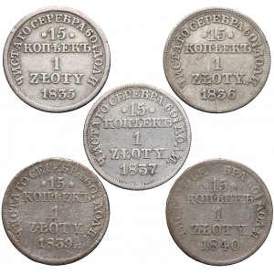 15 kopiejek = 1 złoty 1835-1840 MW, Warszawa zestaw (5szt)