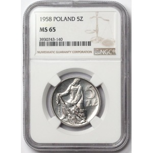 Rybak 5 złotych 1958 - bałwanek - NGC MS65