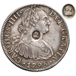 Karol IV, 8 reali Mexico City 1795 z angielską kontramarką 