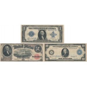 USA, Large Size 1, 2 i 10 dollars 1914-1923 zestaw 3szt