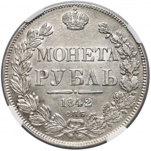 Rosja, Mikołaj I, Rubel Petersburg 1842-АЧ - NGC AU58