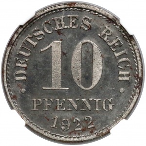 Niemcy, PROOF, 10 fenigów 1922-E - NGC PF62