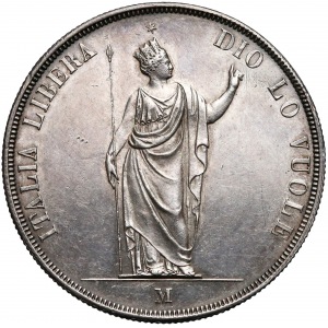 Italy, Revolution gouvernment, 5 lire Milan 1848