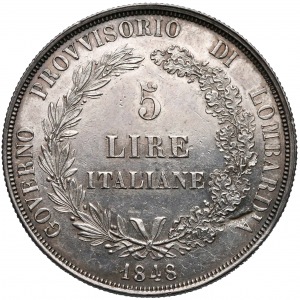Italy, Revolution gouvernment, 5 lire Milan 1848